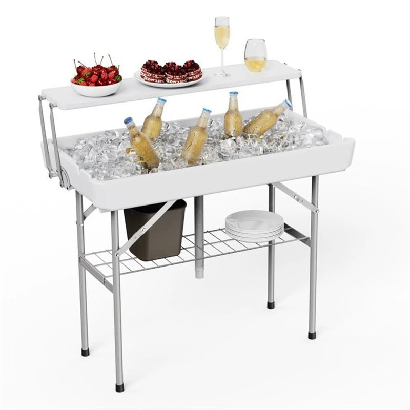 Table pliante extérieure pour glacière avec tablette de rangement supplémentaire, tables de glace pour les fêtes avec bonde et jupe assortie, refroidisseur