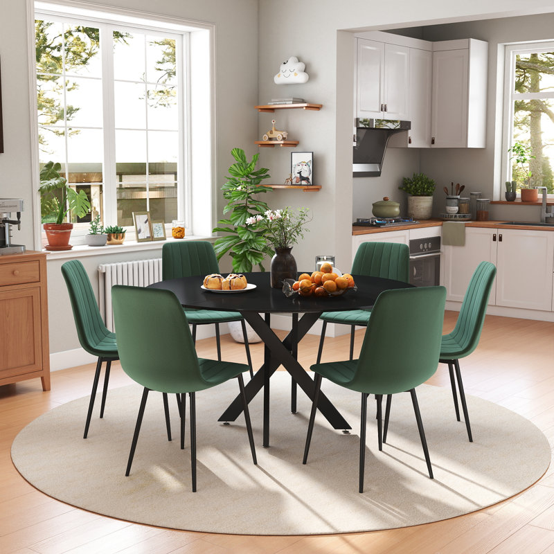47in Round Dining Table Set, 7, Green, Black