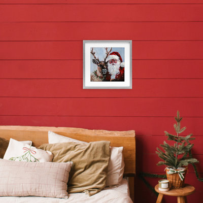 «Rosy Cheeked Santa & Reindeer», reproduction encadrée sous verre, design par Sara Culpepper