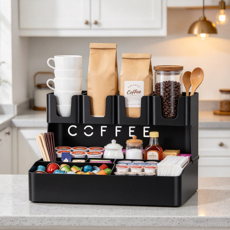 2-Tier Coffee Station Organizer with 11 Compartments for Countertop