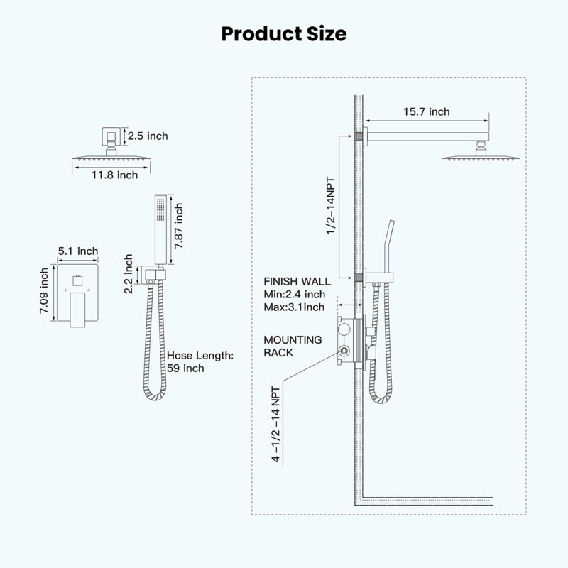 Rainfall Bathroom Shower System & Complete Combo, Wall Mounted - Solid Brass Pressure Balancing Valve, 12 Inch Rain Shower Head & Handle