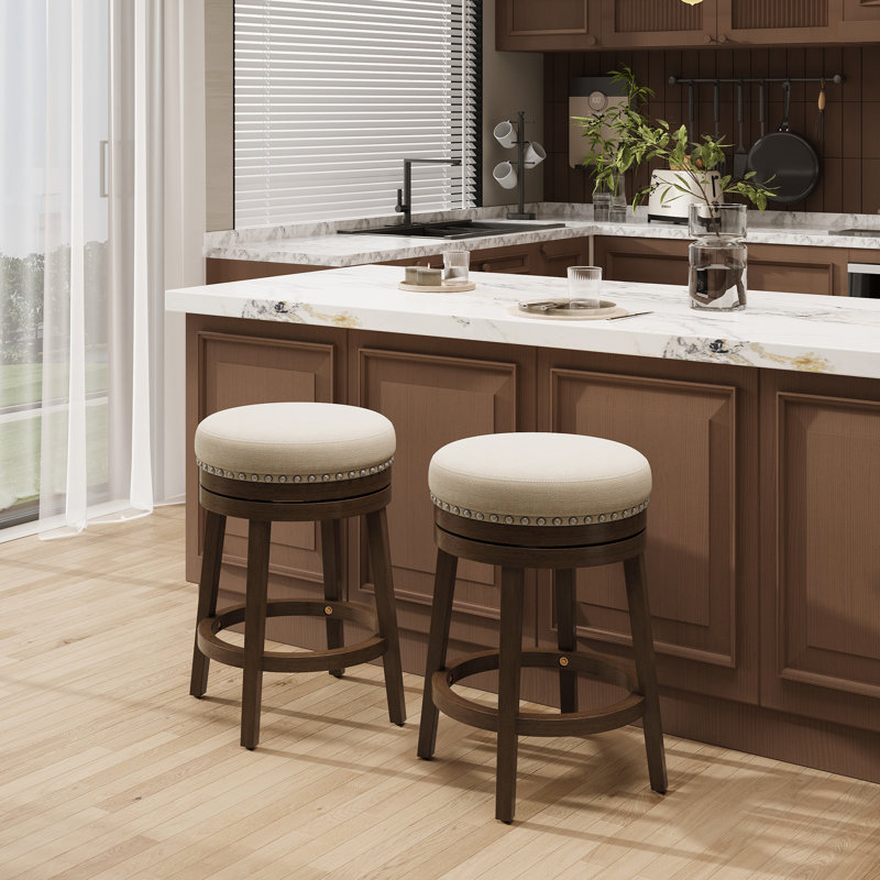 Upholstered Swivel Counter Bar Stool with Solid Wood Frame and Nailhead Trim, Counter Stool (25" Seat Height), Beige