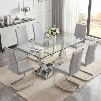 Modern 63" Rectangular Glass Dining Set with Metal Base