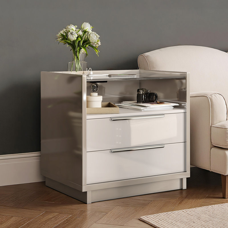 Situ Modern High Gloss Nightstand with Charging Station, Gray/White