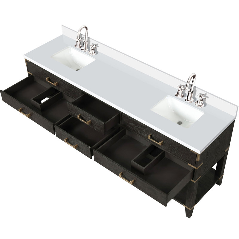 Meuble-lavabo double en chêne noir 22 po D Avec comptoir en marbre de culture fini à la main, robinet et quatre tiroirs pour solution de rangement.