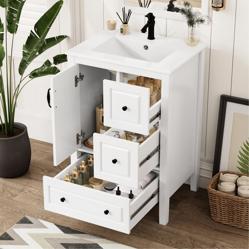 Meuble-lavabo blanc de 24 po avec lavabo en céramique, rangement et tiroirs à fermeture en douceur, éléments rétro en alliage d'aluminium autoportants avec apparence blanche, poignées noires intégrées