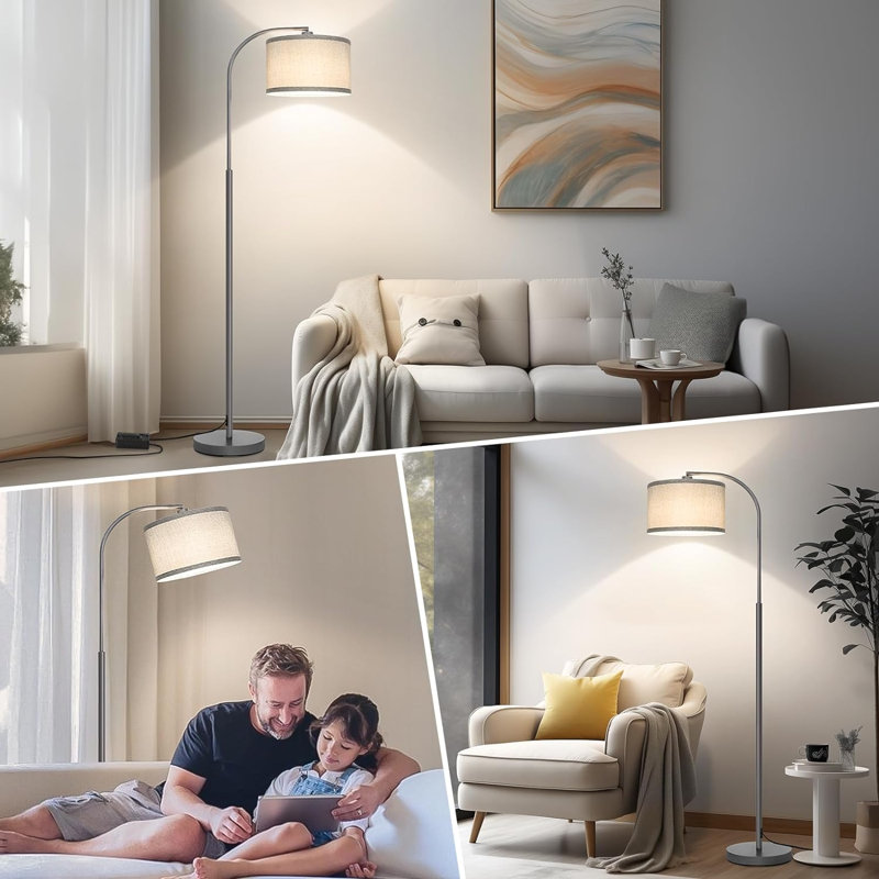 Arc Floor Lamp, Dimmable Floor Lamp For Living Room, Modern Standing Lamp With Adjustable Drum Shade, Tall Pole Lamp For Bedroom Study Room Office, 9W 3000K LED Bulb Included