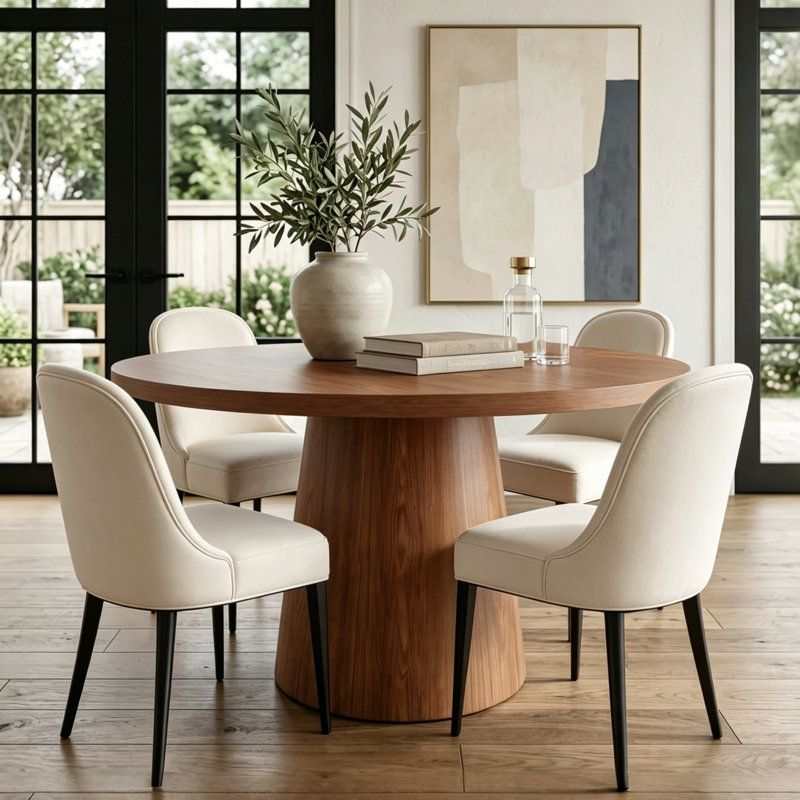 Table de salle à manger ronde en bois massif naturel avec base en piédestal en grain de bois authentique pour 4 à 6 personnes (assemblage rapide), table de cuisine à piédestal 47 po / 53 po / 59 po