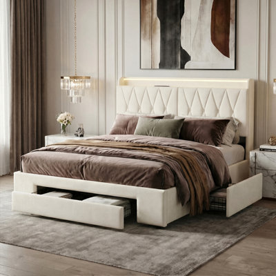 Beige Velvet Storage Bed With 3 Drawers, LED Storage Headboard & USB-C Charging, European Double (140X200cm) & King (160X200cm) 