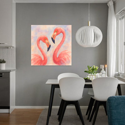 Flamants roses avec cou romantique en forme de cœur audacieux et coloré, oiseau contemporain flamant, art mural