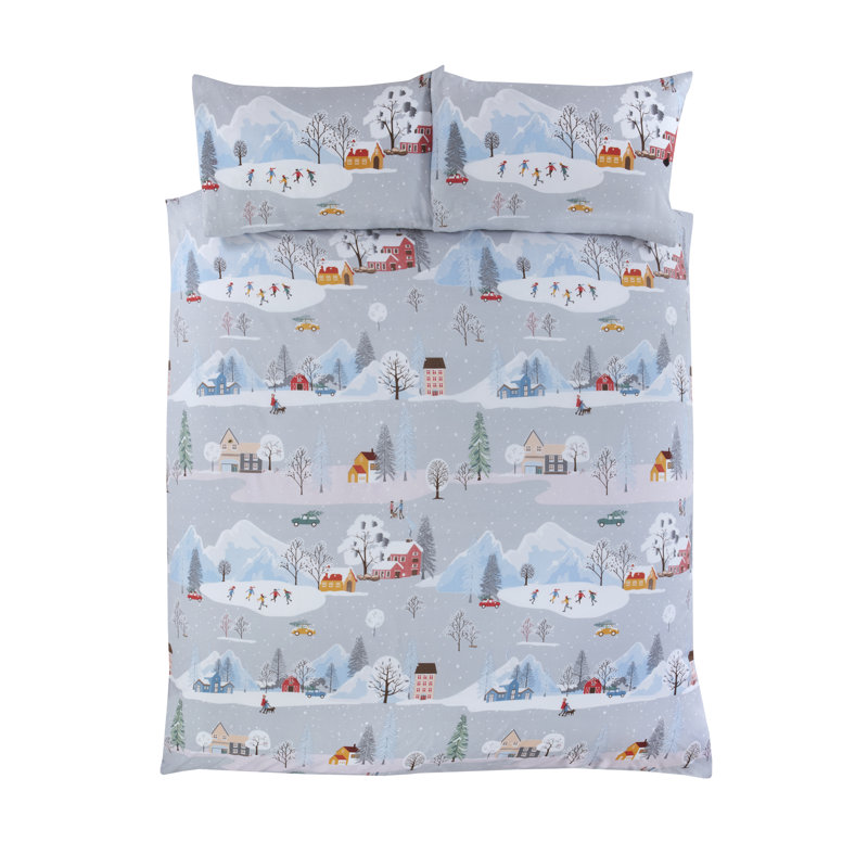 Snowy Scene Festive Dvet Cover Set, Single Duvet Cover + 1 Standard Pillowcase