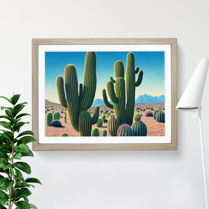 Desert Cactus 1 Piece Single Picture Frame Wall Art, 46cm H x 64cm W x 2cm D, Oak