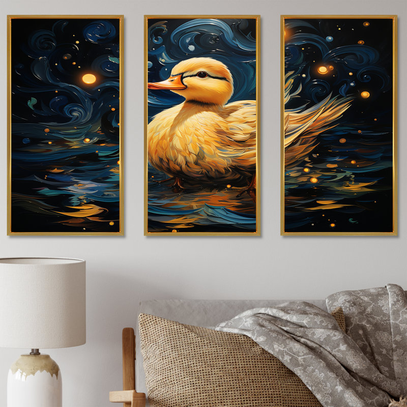 «Yellow Duck Starry Night Wonders», art mural animal canard, Cadre flottant doré, H 40 po x l 60 po