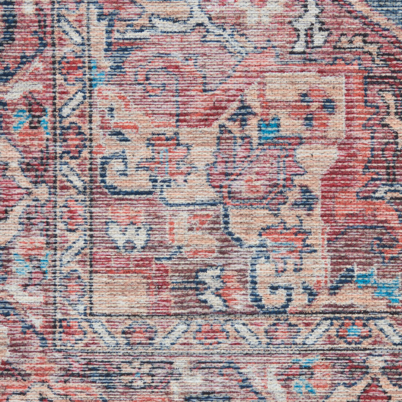 Machine Washable Oriental Blue/Brick Red Area Rug, Rectangle 2' x 3'9"