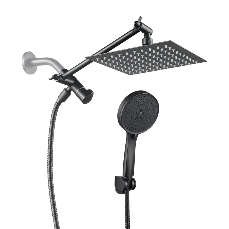 Adjustable 8" High Pressure Dual Shower Head with 5-Spray Handheld Shower, Matte Black