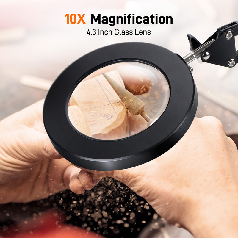 Desk Lamp with Flat Base & Clamp & 10X Magnifying Glass, Adjustable Height Table Light