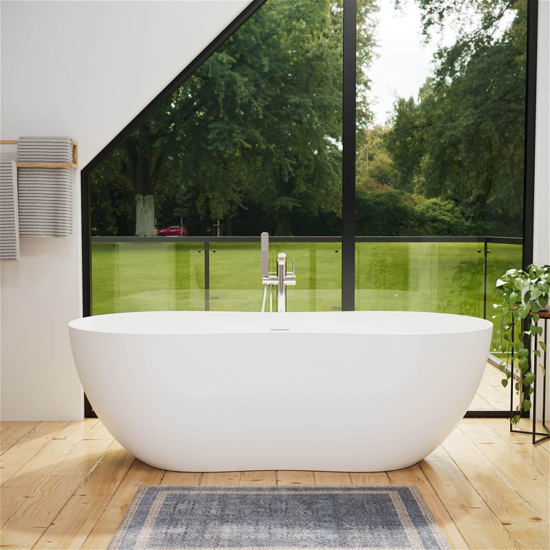 67" L Peanut Solid Surface Freestanding Bathtub Soaking Tub With Ergonomic Comfort Height