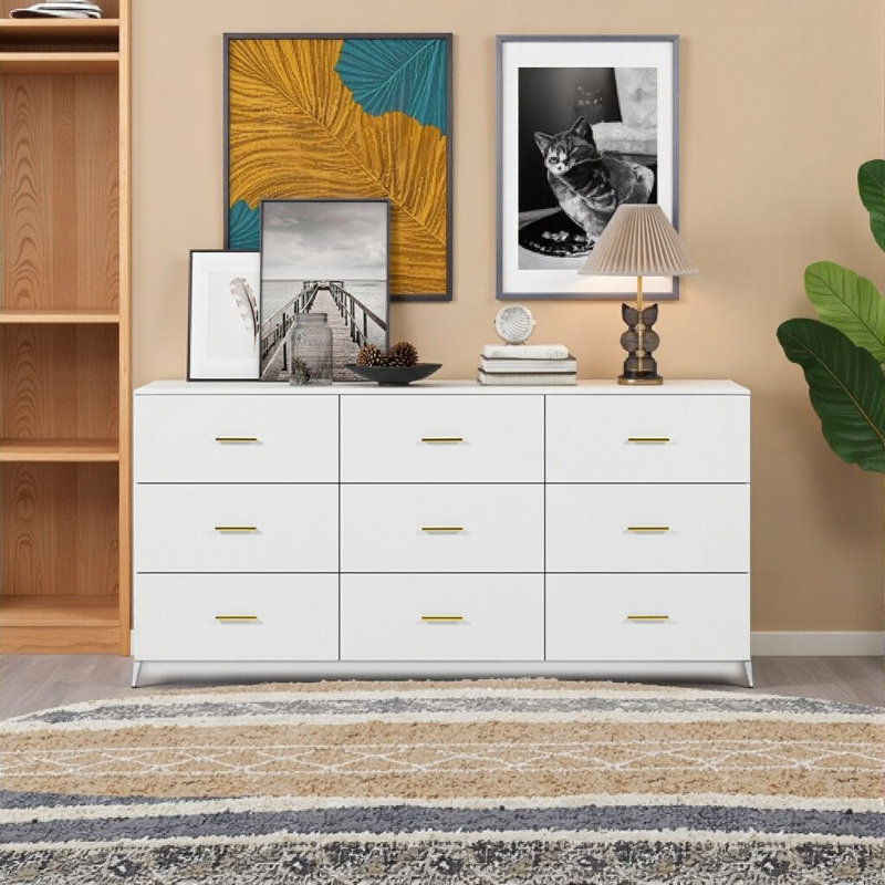 Commode élégante à 9 tiroirs - Armoire de rangement moderne avec poignées dorées et finition imperméable, Blanc