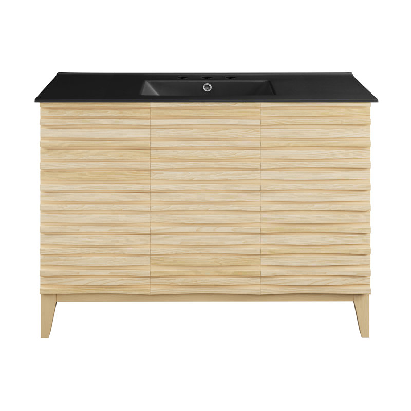 Meuble-lavabo en chêne naturel Cascade 48 po avec comptoir en céramique noir à 3 trous, Noir, Chêne naturel, 8 po