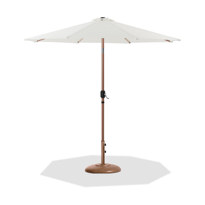 Parasol de patio en tissu / aluminium avec base Chavelle, Blanc, Teck