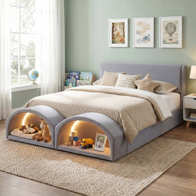 Falkner Modern Pet-Friendly Scratch-Resistant Fabric Upholstered Platform Bed Frame with Dual Cat Caves, LED Lighted Pet Nests at Footboard, Wood Slat Support, No Box Spring Needed
