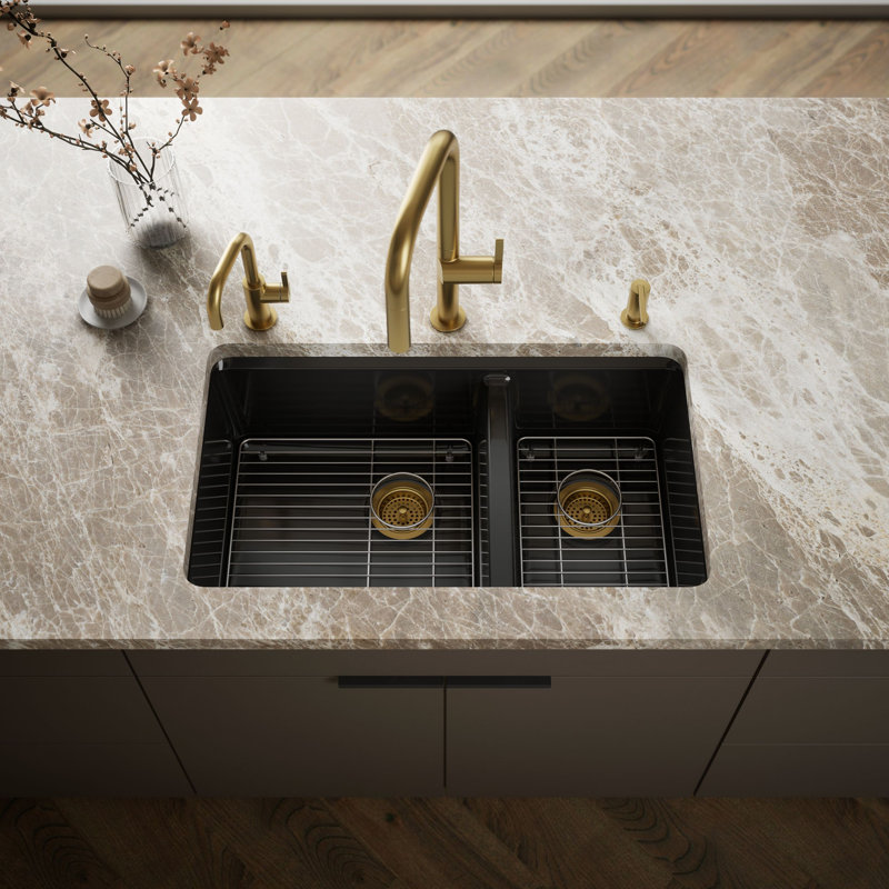 Riverby 33" Enameled Cast Iron Undermount Double Basin Kitchen Sink, Black