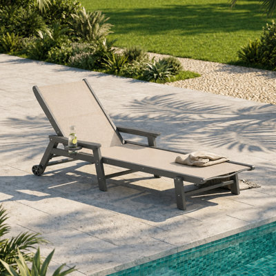 HDPE Lounge Chair Outdoor, Chaise Lounge with Wheels, Cup Holder & 5-Position Adjustable Backrest, Textilene Fabric