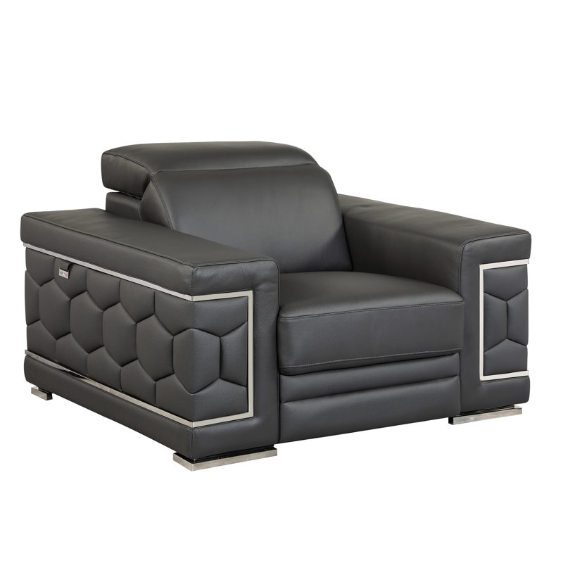 Fauteuil club 47 po en cuir véritable gris granite et argent