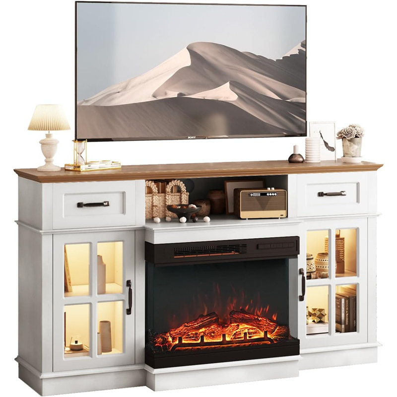 Fireplace TV Stand, White – Modern Electric Fireplace Console With 3-Sided Glass Heater, LED Light Strip, Drawers & Glass Doors For Tvs Up To 65"