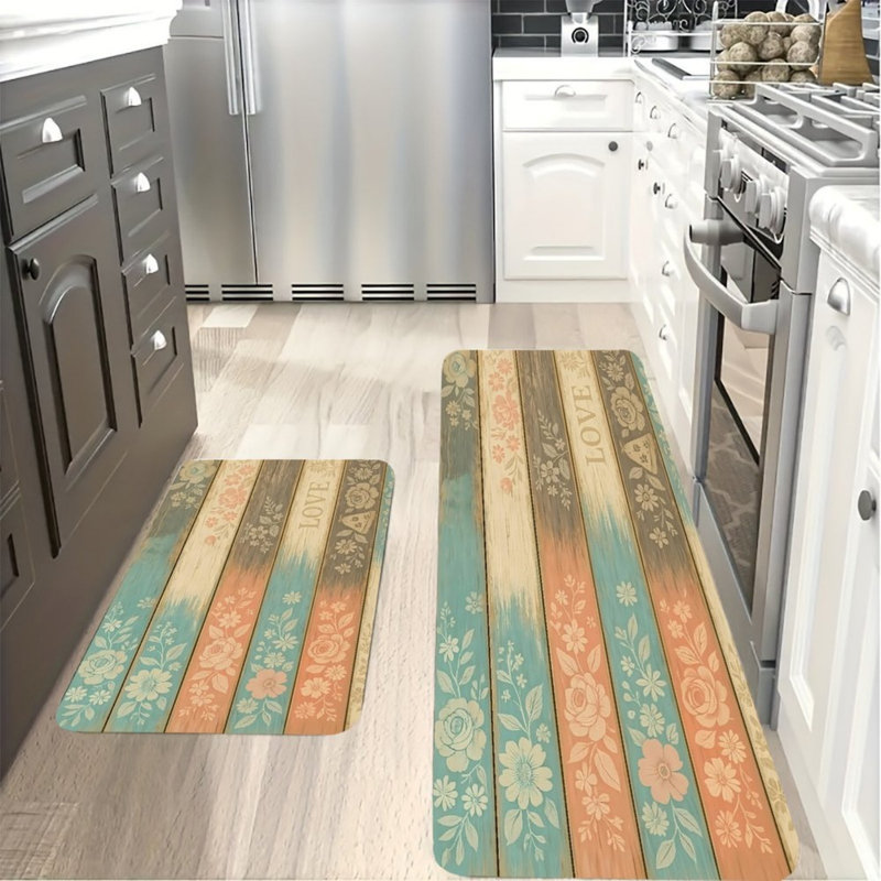 2 Pcs Love Floral Kitchen Mats Kitchen Hallway