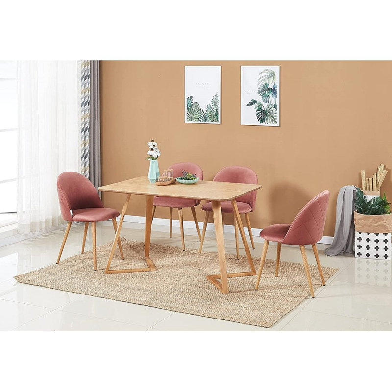 Gunhilda 4 Person Dining set - a Rectangular Plastic Dining Table with Wooden Legs and a Set of 4 Quilted Velvet Dining Chairs for Dining Room - Modern Dining Table Set