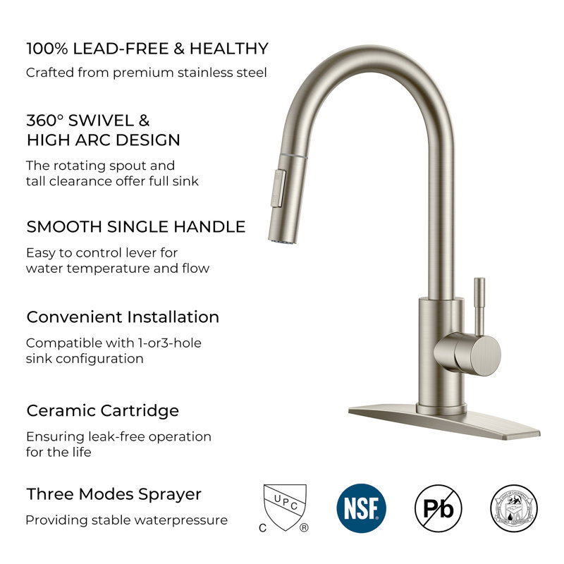  Forious® Ultra Pull Down Kitchen Faucet with Soap Dispenser, Brushed Nickel