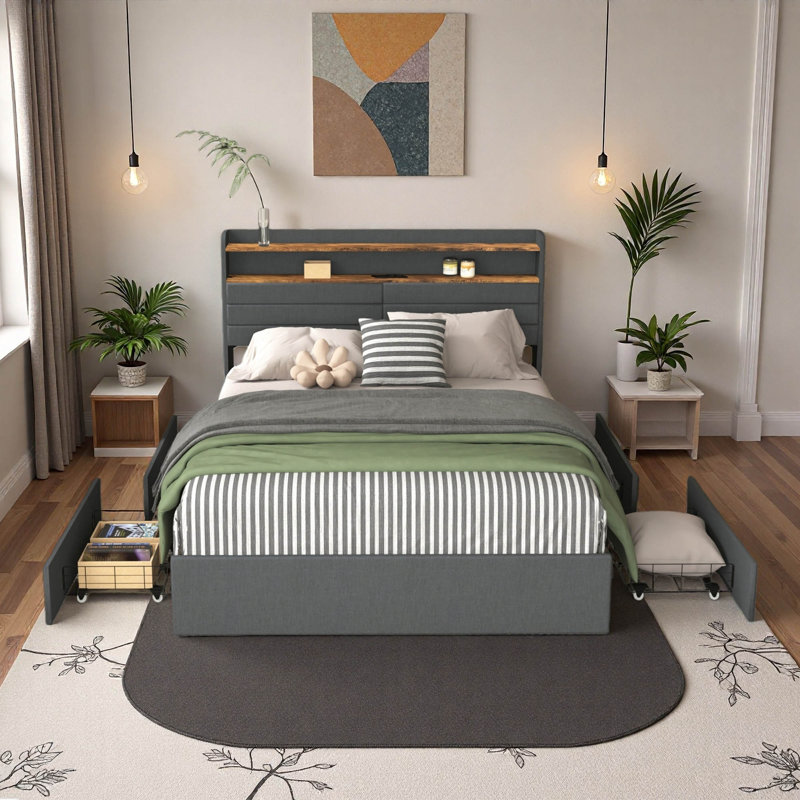Base de lit grand format avec tête et pied de lit rembourrés, base de lit plateforme avec 4 tiroirs de rangement, éclairage à DEL et station de charge