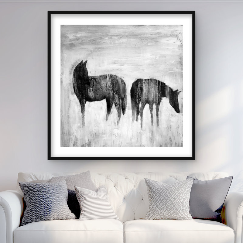 «Horses Silhouettes in the Mist», reproduction encadrée moderne noire, H 36 po x l 36 po, Noir