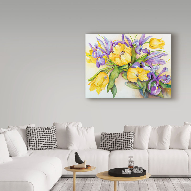 Deetra «Yellow Tulips With Blue Iris», reproduction de peinture acrylique sur toile tendue, H 14 po x l 19 po x P 2 po