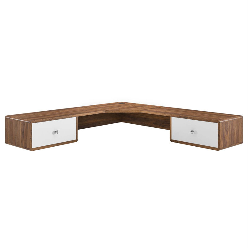 Mid-Century Walnut Wood Wall-Mounted Corner Desk with Drawers