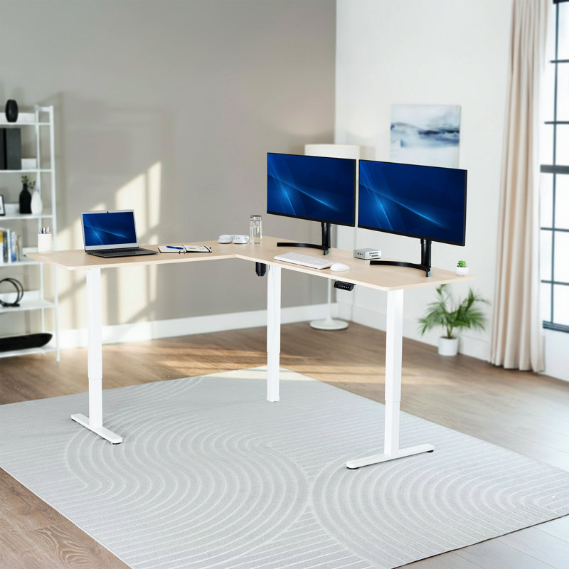 VIVO Electric Corner Desk, L-Shaped Workstation, Light Wood/White, 74.8" W x 63" D