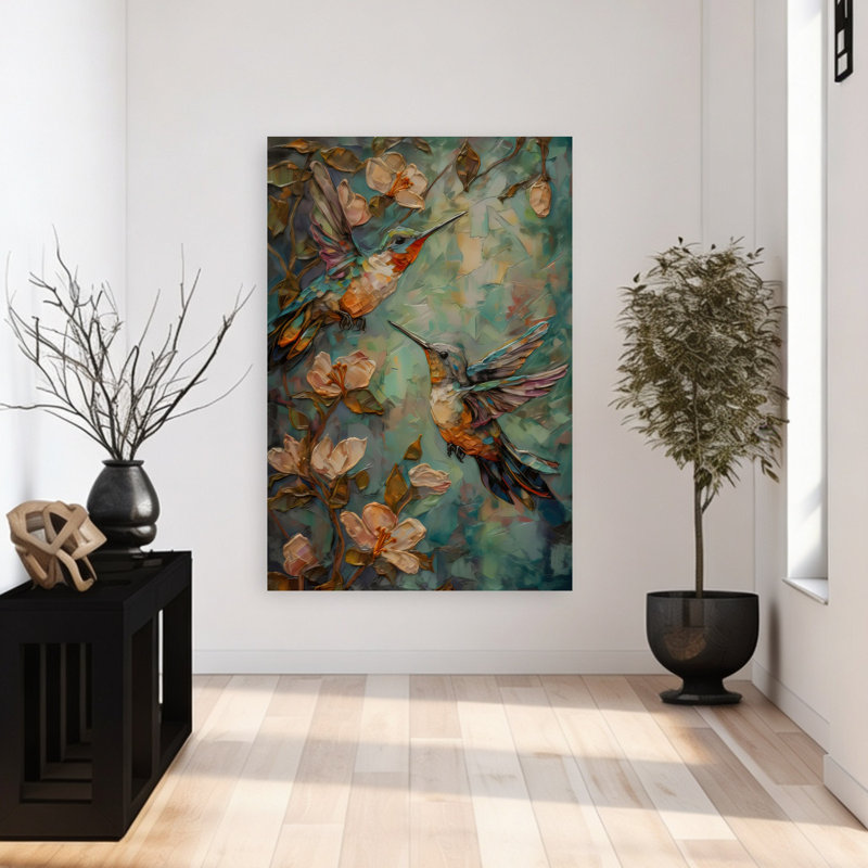 Art mural abstrait contemporain avec colibris, 48" H x 32" W