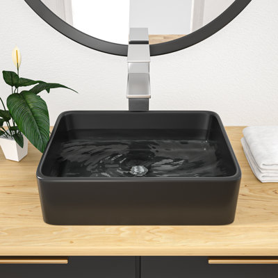 16'' x 12‘’ Rectangular Matte Black Ceramic Vessel Bathroom Sink, Above-Counter Vanity Basin with Rounded Corners