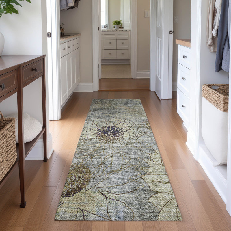 Premium Machine Washable Mayfield AMF2235 Floral Rug, 2'3" x 7'6" Runner, Pewter