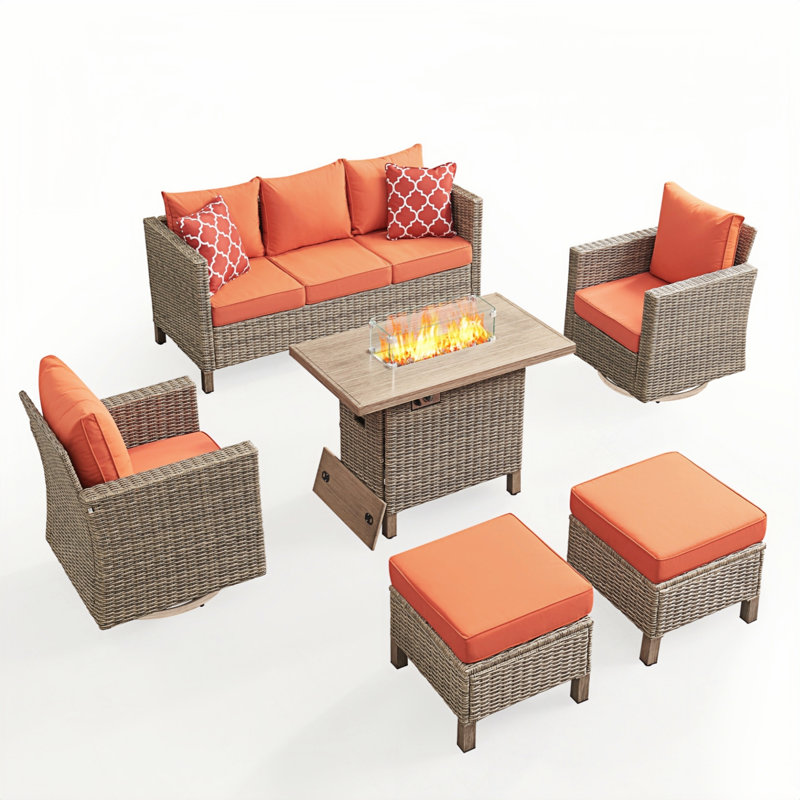 6 Piece Patio Conversation Sets With Fire Pit, Orange