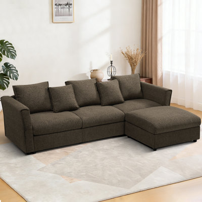 Canapé en L surdimensionné de 110 po avec accoudoirs ajustables, canapé en chenille 3 places avec repose-pieds mobile, canapé modulaire rembourré pour le salon, l’appartement