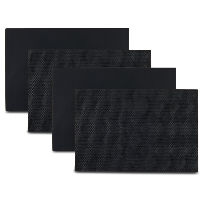  Basel Diamond Design Reversible Premium Vegan Leather 12" X 18" Rectangular Placemats Set Of 4, Noir