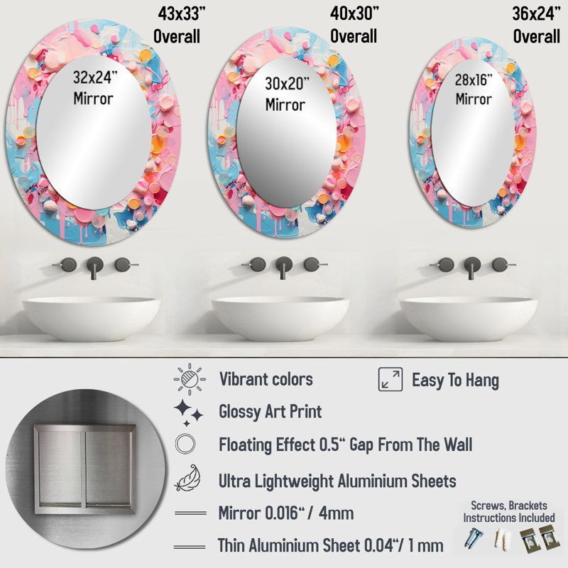 Fusion mélodique rose I - miroir décoratif ovale abstrait sur métal, H 43 po x l 33 po