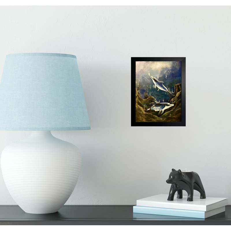 «Dolphin Play Time» par Ed Capeau - peinture sur toile, H 12,5 po x l 10,5 po x P 1,25 po, Cadre noir, Pas de tapis
