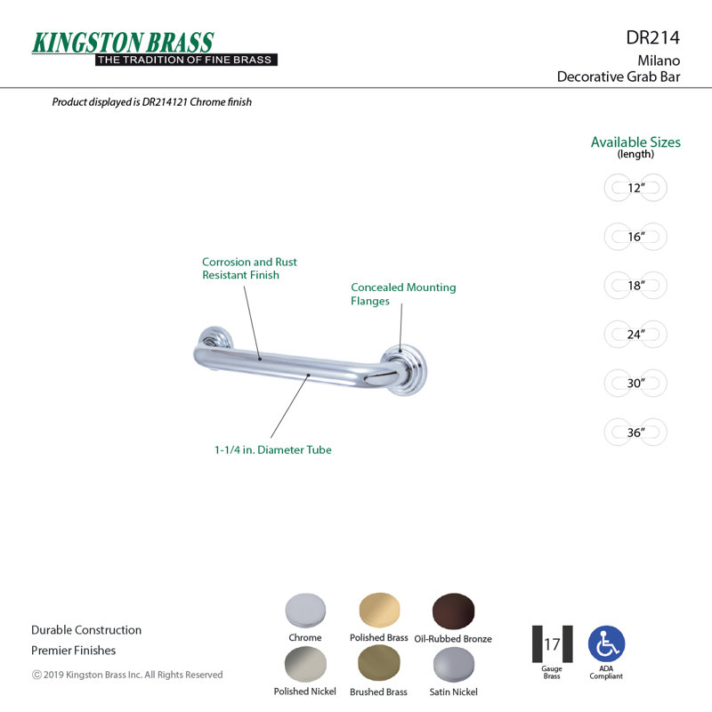 Kingston Brass Milano 1-1/4 Inch O.D Grab Bar, 30" W, Satin Brass