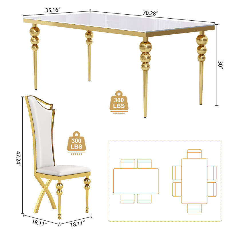 70" Rectangular Dining Table Set With Modern Luxury Gold Stainless Steel Gourd Legs Withtempered Glass Tabletop, Streamlined PU Leather Chairs With Gold Ball Accents