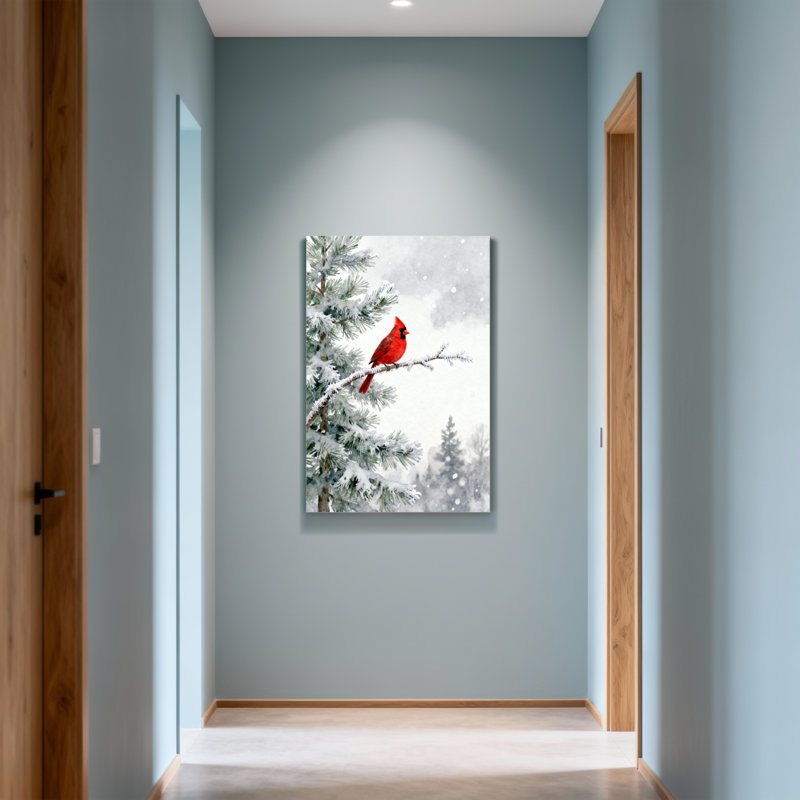 Animaux, cardinal d'hiver sur une branche de pin enneigé, 18" H x 12" W