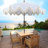 Collins 9 ft. Bohemian Fringe Outdoor Patio Umbrella with Crank Lift and Tilt, Blue/White/Cream Scalloped UV-Resistant Canopy, Dark Brown Pole-471687529-484956472