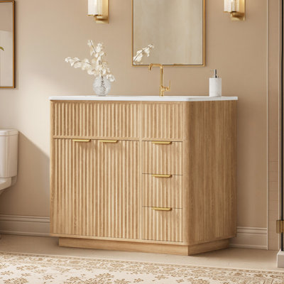  36' Freestanding Single Sink Bathroom Vanity with Fluted Doors and Storage, Natural